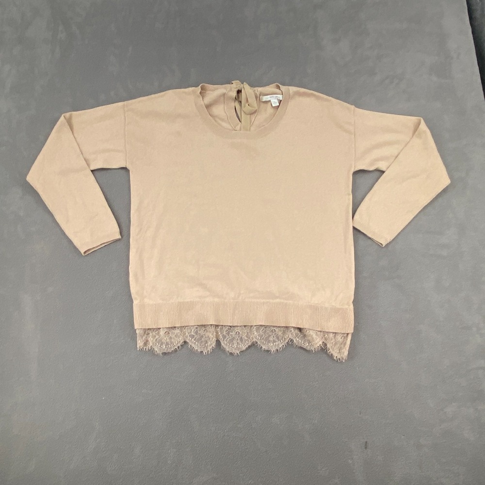 Lauren Conrad Sweater Womens Large Beige Cotton Knit Ribbed Lace Trim Back Bow